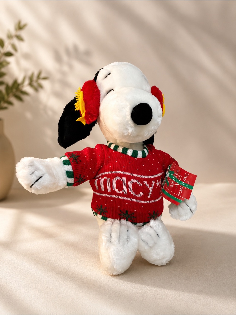 Macy's White Snoopy Plush in Red Holiday Sweater with Yellow Earmuffs. Vintage